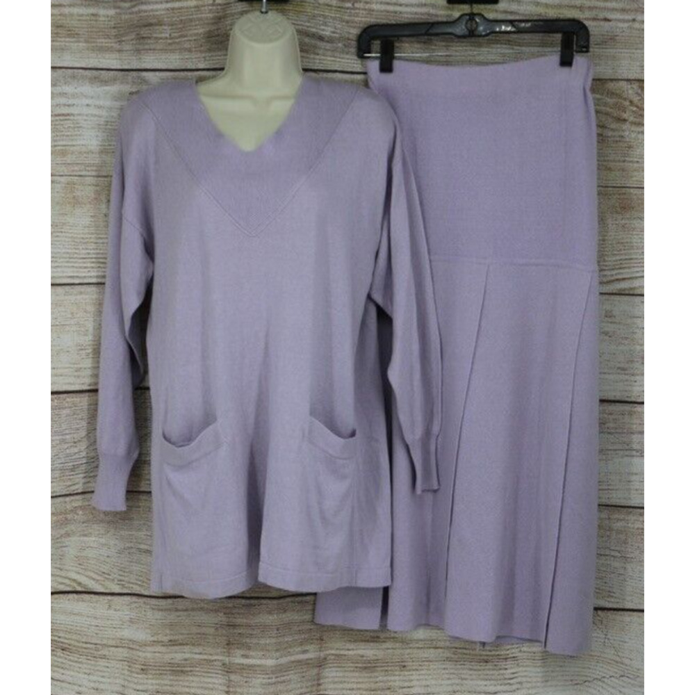 VINTAGE Apart Womens Sz Medium Knit Top & Pull On Skirt Set Pale Purple Lilac